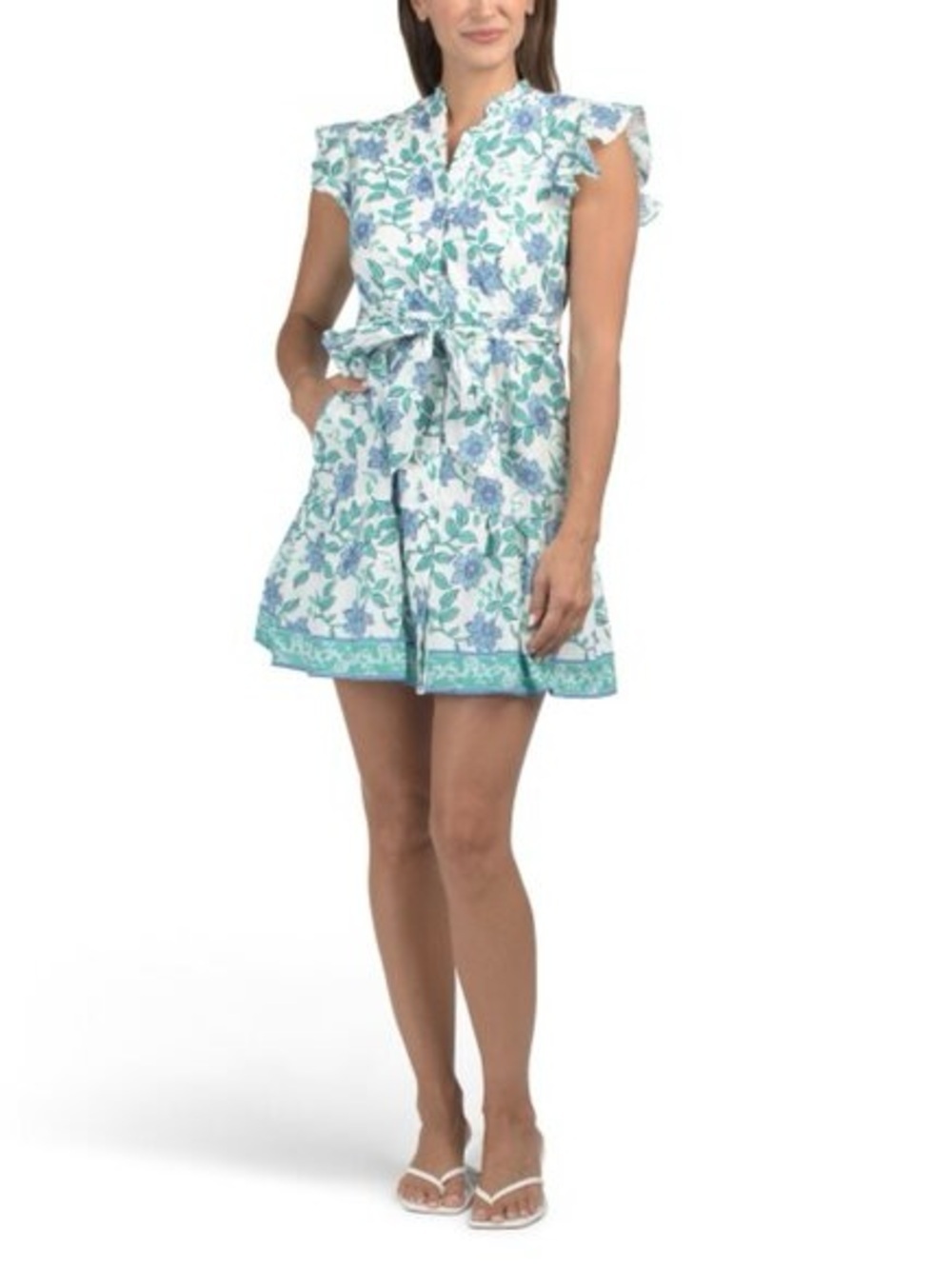 Calypso St. Barth Blue & Green Floral Cotton Mini Dress Size 12 Button Close